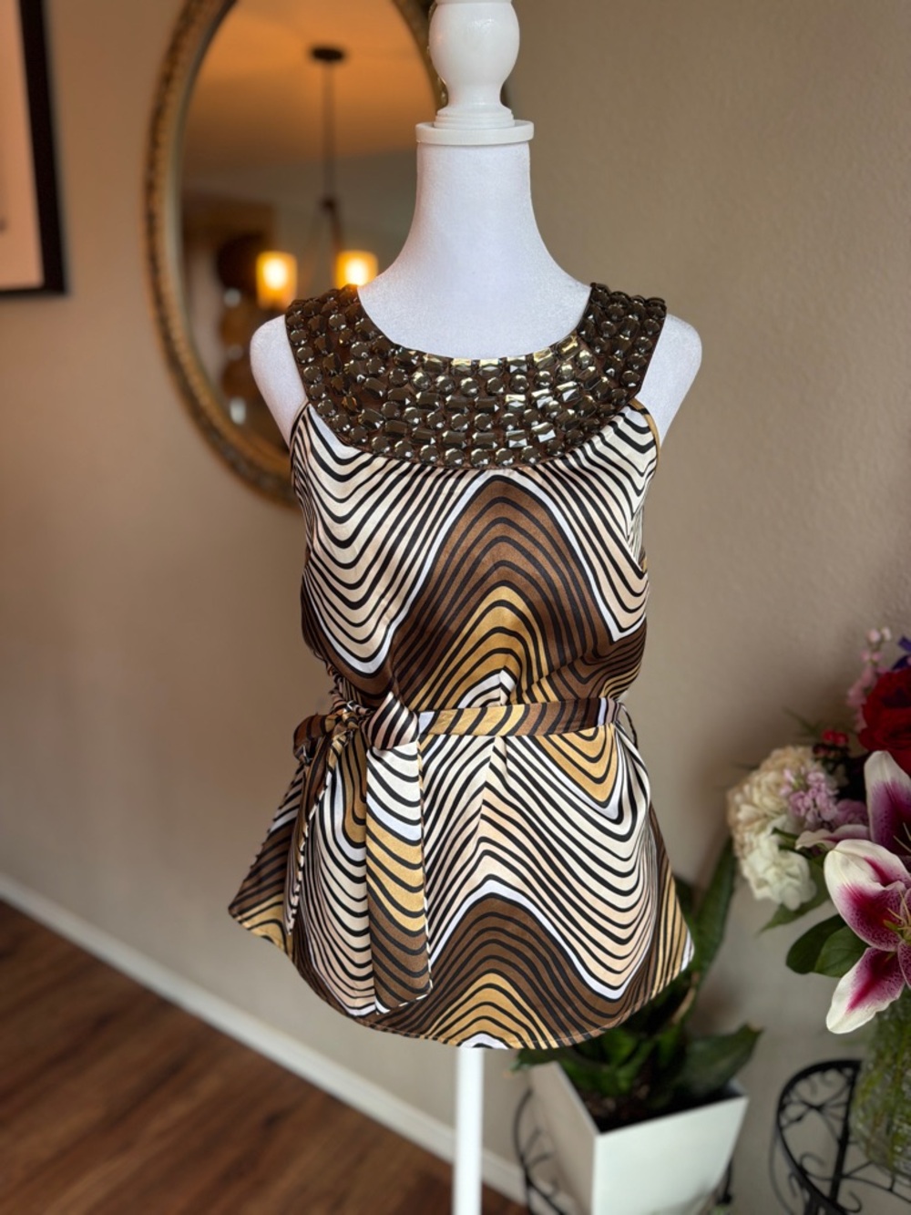 Wet Seal Brown, Gold & Cream Beaded-Neck Tank